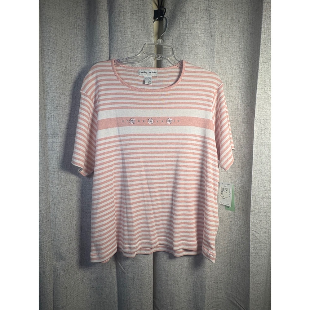 Cathy Daniels Pink White Striped Rhinestone Floral Knit Top XL NWT